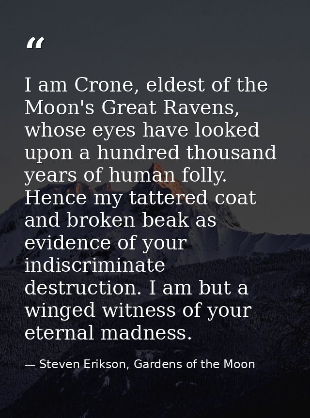 I am Crone, eldest of the Moon's Great Ravens, whose eyes have looked upon a hundred thousand years of human folly. Henc — Steven Erikson, Gardens of the Moon