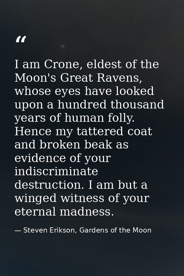 I am Crone, eldest of the Moon's Great Ravens, whose eyes have looked upon a hundred thousand years of human folly. Henc — Steven Erikson, Gardens of the Moon
