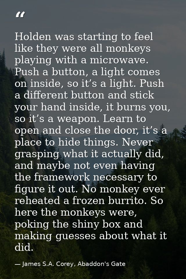 Holden was starting to feel like they were all monkeys playing with a microwave. Push a button, a light comes on inside, — James S.A. Corey, Abaddon's Gate