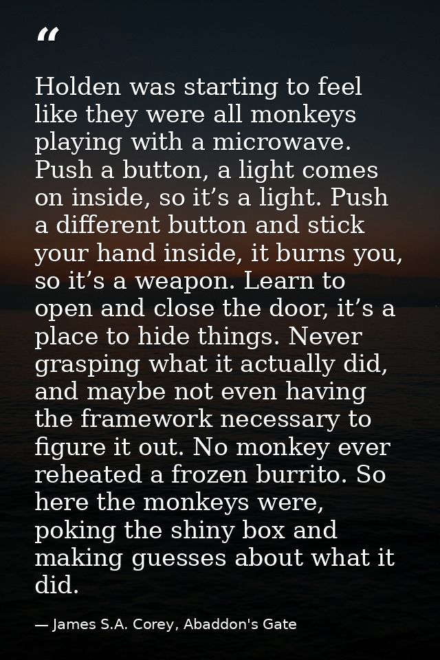 Holden was starting to feel like they were all monkeys playing with a microwave. Push a button, a light comes on inside, — James S.A. Corey, Abaddon's Gate