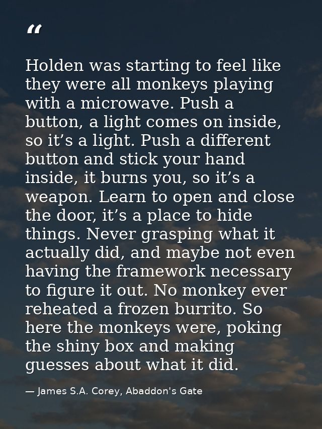 Holden was starting to feel like they were all monkeys playing with a microwave. Push a button, a light comes on inside, — James S.A. Corey, Abaddon's Gate