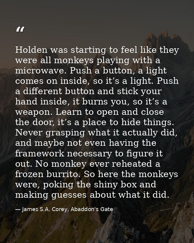 Holden was starting to feel like they were all monkeys playing with a microwave. Push a button, a light comes on inside, — James S.A. Corey, Abaddon's Gate