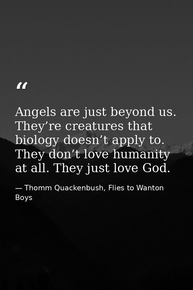 Angels are just beyond us. They’re creatures that biology doesn’t apply to. They don’t love humanity at all. They just l — Thomm Quackenbush, Flies to Wanton Boys