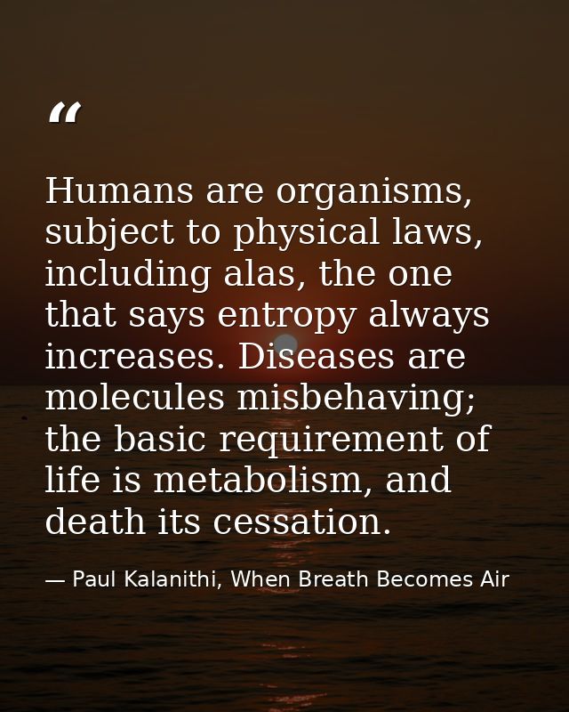 Humans are organisms, subject to physical laws, including alas, the one that says entropy always increases. Diseases are — Paul Kalanithi, When Breath Becomes Air