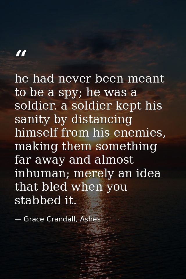 he had never been meant to be a spy; he was a soldier. a soldier kept his sanity by distancing himself from his enemies, — Grace Crandall, Ashes
