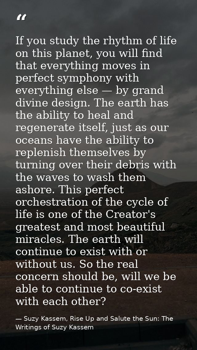 If you study the rhythm of life on this planet, you will find that everything moves in perfect symphony with everything  — Suzy Kassem, Rise Up and Salute the Sun: The Writings of Suzy Kassem