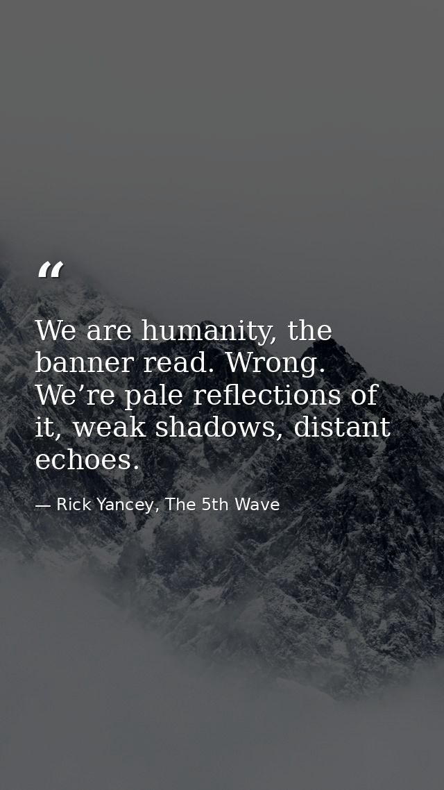 We are humanity, the banner read. Wrong. We’re pale reflections of it, weak shadows, distant echoes. — Rick Yancey, The 5th Wave