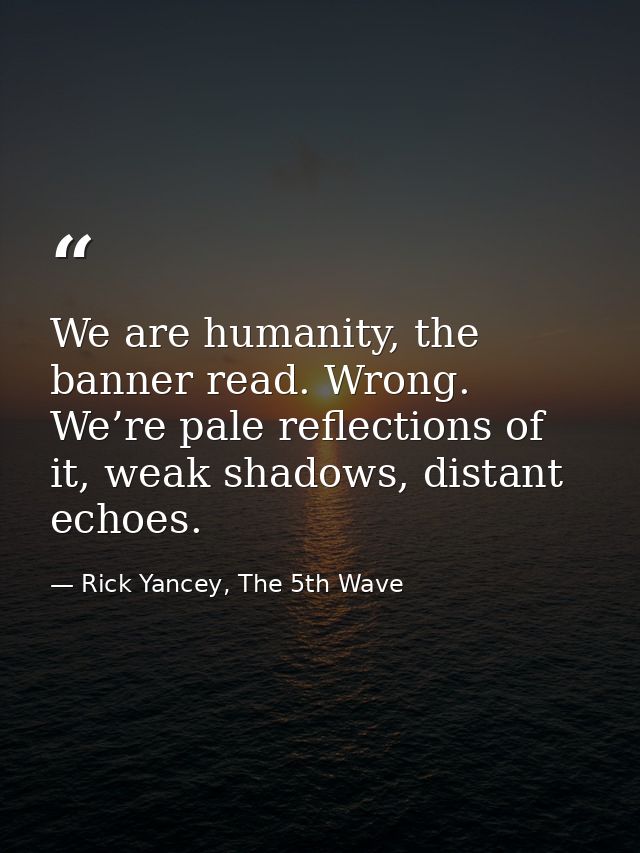 We are humanity, the banner read. Wrong. We’re pale reflections of it, weak shadows, distant echoes. — Rick Yancey, The 5th Wave