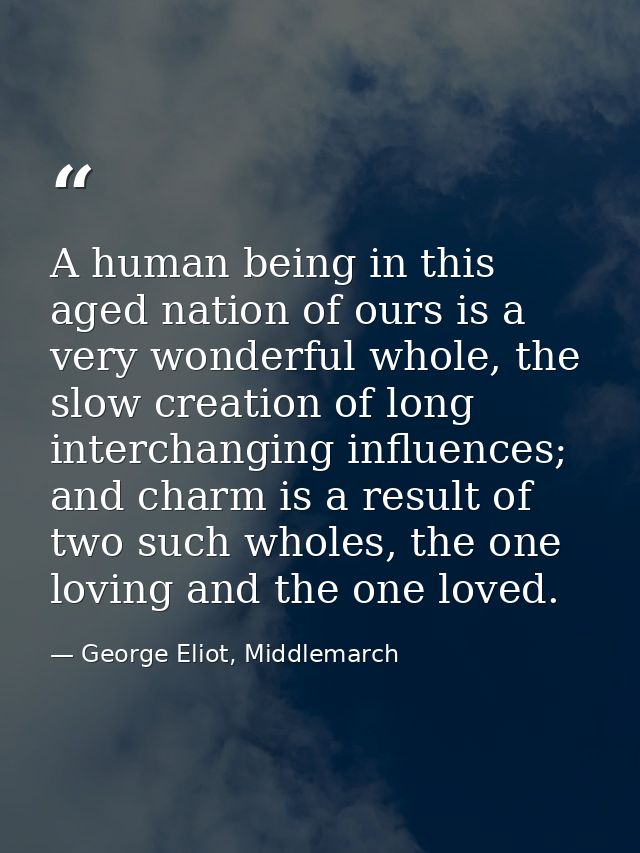 A human being in this aged nation of ours is a very wonderful whole, the slow creation of long interchanging influences; — George Eliot, Middlemarch