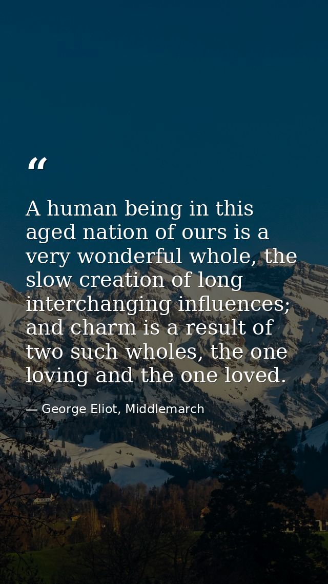 A human being in this aged nation of ours is a very wonderful whole, the slow creation of long interchanging influences; — George Eliot, Middlemarch