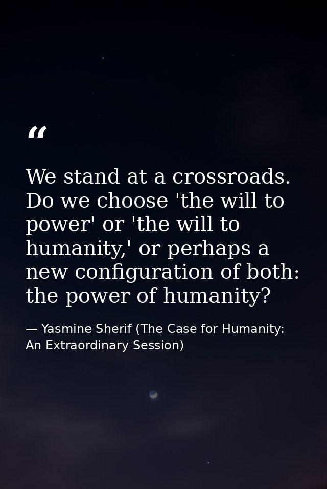We stand at a crossroads. Do we choose 'the will to power' or 'the will to humanity,' or perhaps a new configuration of  — Yasmine Sherif (The Case for Humanity: An Extraordinary Session)