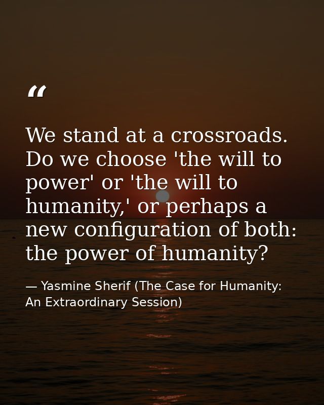 We stand at a crossroads. Do we choose 'the will to power' or 'the will to humanity,' or perhaps a new configuration of  — Yasmine Sherif (The Case for Humanity: An Extraordinary Session)