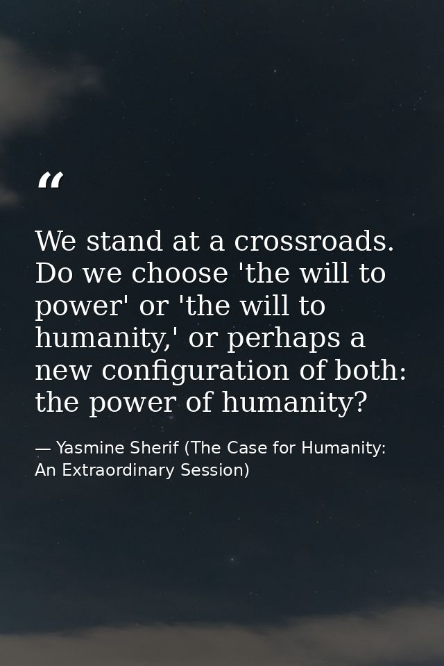 We stand at a crossroads. Do we choose 'the will to power' or 'the will to humanity,' or perhaps a new configuration of  — Yasmine Sherif (The Case for Humanity: An Extraordinary Session)