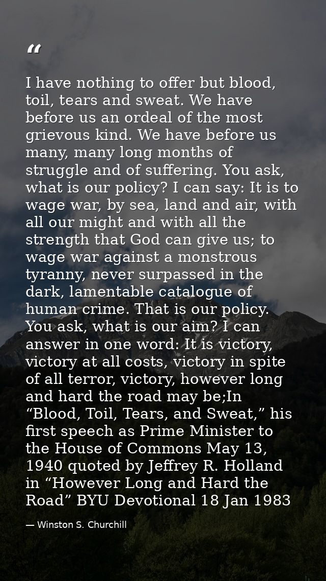 I have nothing to offer but blood, toil, tears and sweat. We have before us an ordeal of the most grievous kind. We have — Winston S. Churchill
