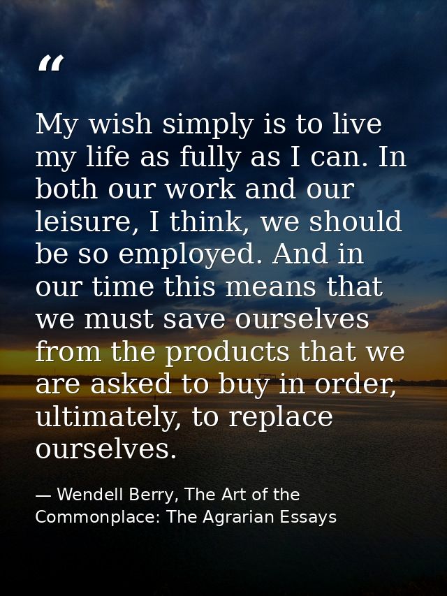 My wish simply is to live my life as fully as I can. In both our work and our leisure, I think, we should be so employed — Wendell Berry, The Art of the Commonplace: The Agrarian Essays