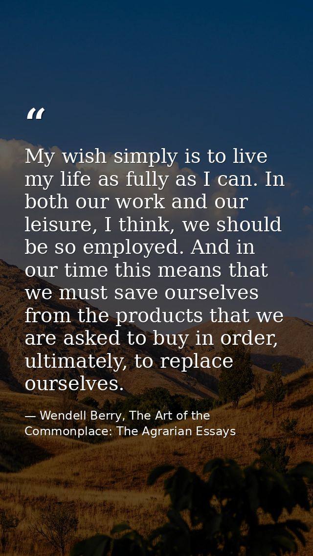 My wish simply is to live my life as fully as I can. In both our work and our leisure, I think, we should be so employed — Wendell Berry, The Art of the Commonplace: The Agrarian Essays