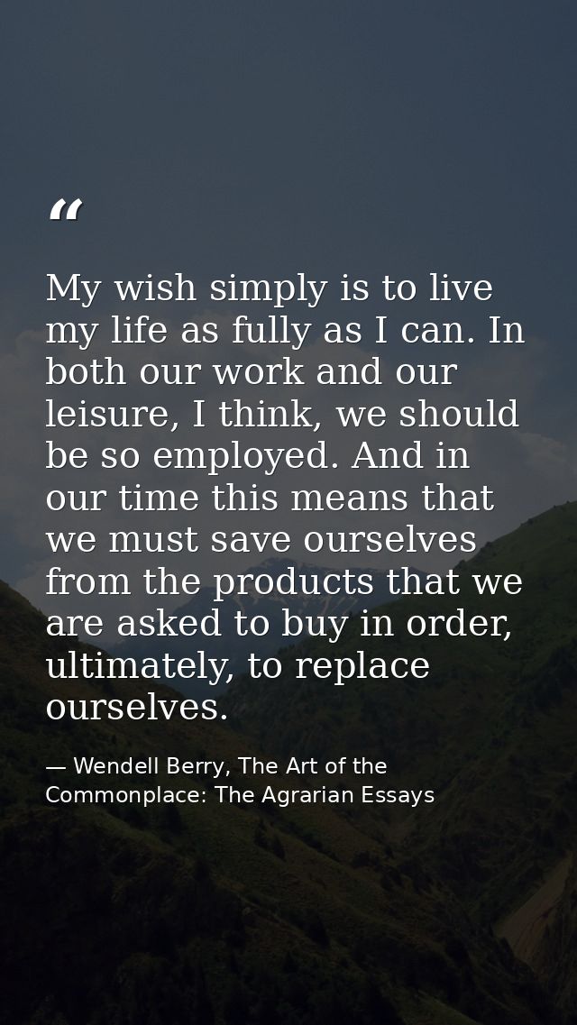 My wish simply is to live my life as fully as I can. In both our work and our leisure, I think, we should be so employed — Wendell Berry, The Art of the Commonplace: The Agrarian Essays