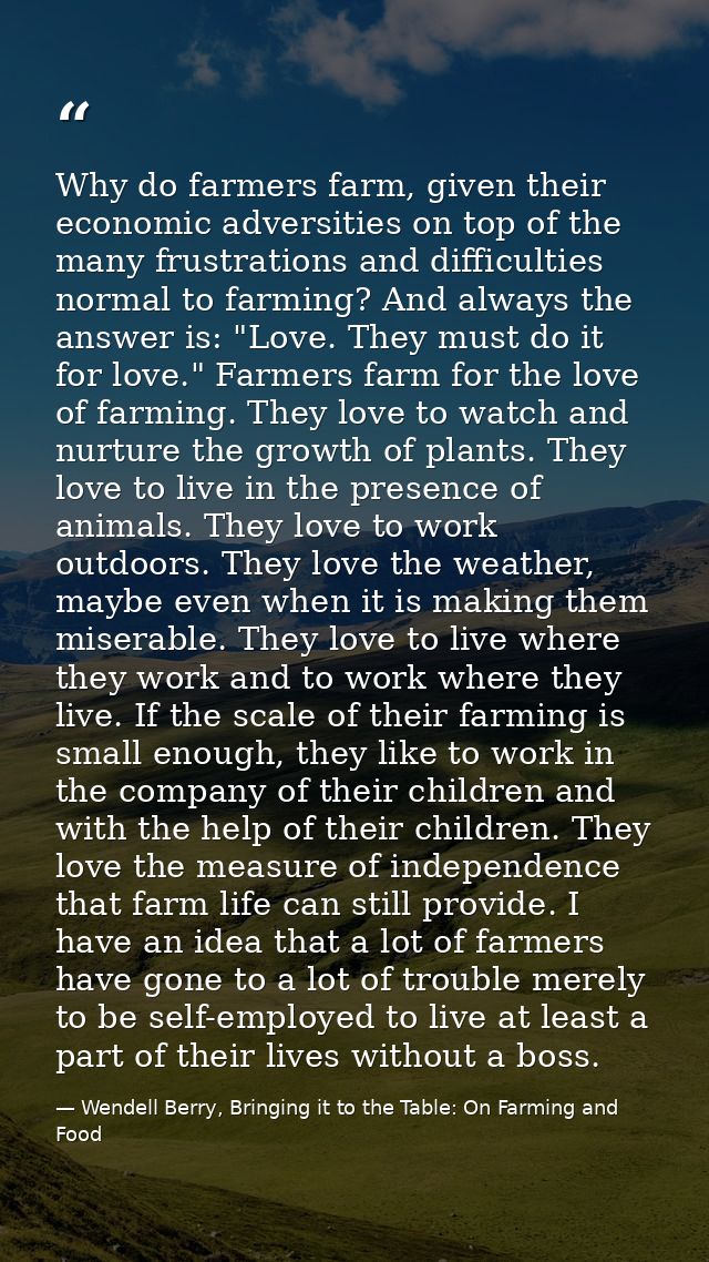 Why do farmers farm, given their economic adversities on top of the many frustrations and difficulties normal to farming — Wendell Berry, Bringing it to the Table: On Farming and Food