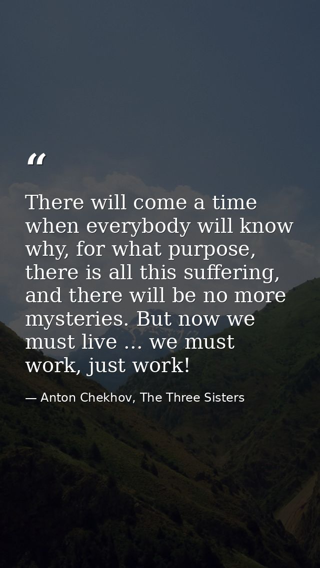 There will come a time when everybody will know why, for what purpose, there is all this suffering, and there will be no — Anton Chekhov, The Three Sisters