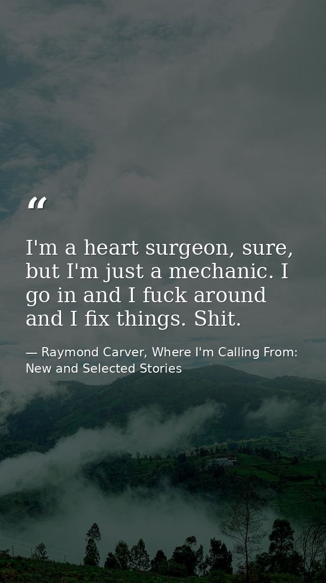 I'm a heart surgeon, sure, but I'm just a mechanic. I go in and I fuck around and I fix things. Shit. — Raymond Carver, Where I'm Calling From: New and Selected Stories