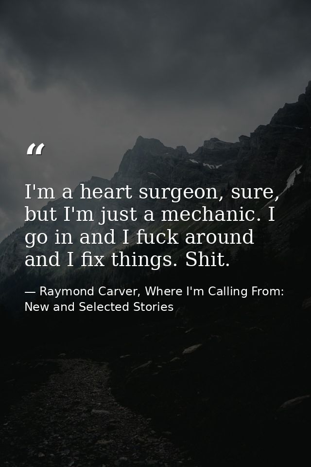 I'm a heart surgeon, sure, but I'm just a mechanic. I go in and I fuck around and I fix things. Shit. — Raymond Carver, Where I'm Calling From: New and Selected Stories