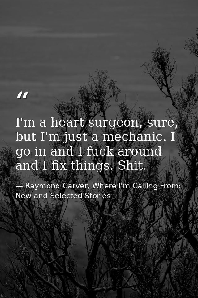 I'm a heart surgeon, sure, but I'm just a mechanic. I go in and I fuck around and I fix things. Shit. — Raymond Carver, Where I'm Calling From: New and Selected Stories