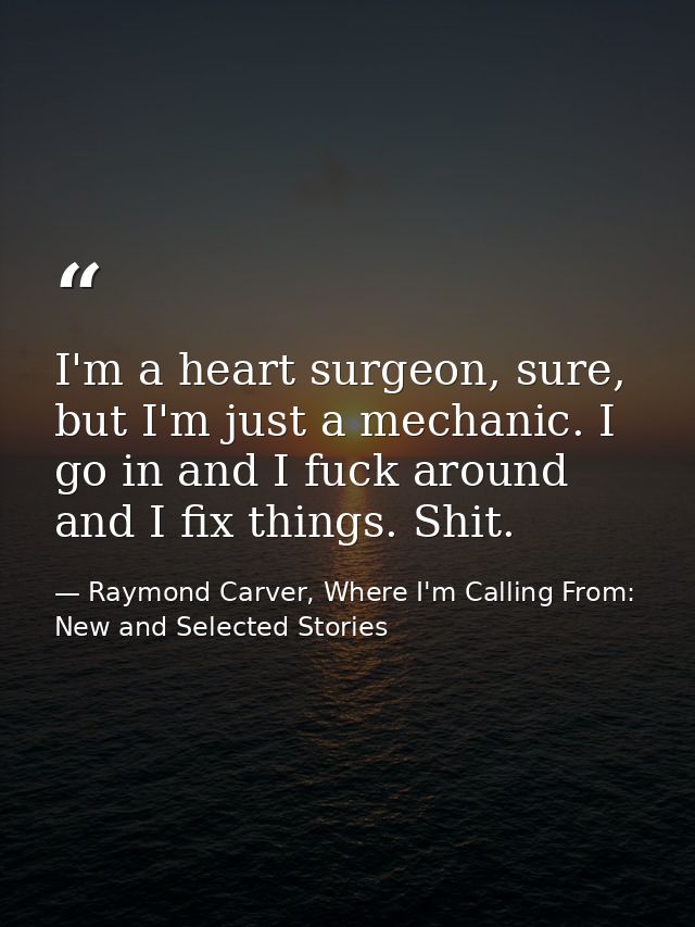 I'm a heart surgeon, sure, but I'm just a mechanic. I go in and I fuck around and I fix things. Shit. — Raymond Carver, Where I'm Calling From: New and Selected Stories