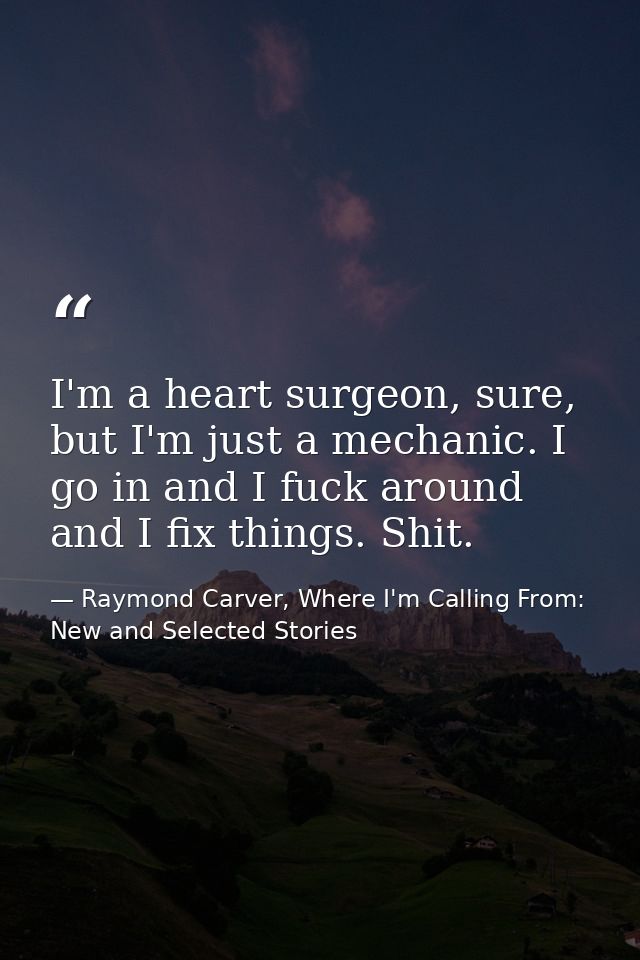 I'm a heart surgeon, sure, but I'm just a mechanic. I go in and I fuck around and I fix things. Shit. — Raymond Carver, Where I'm Calling From: New and Selected Stories