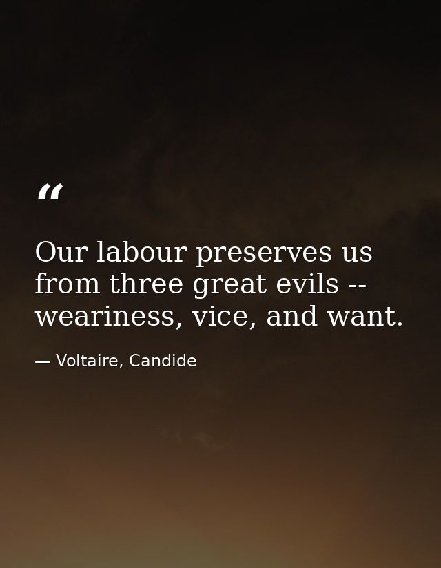 Our labour preserves us from three great evils -- weariness, vice, and want. — Voltaire, Candide