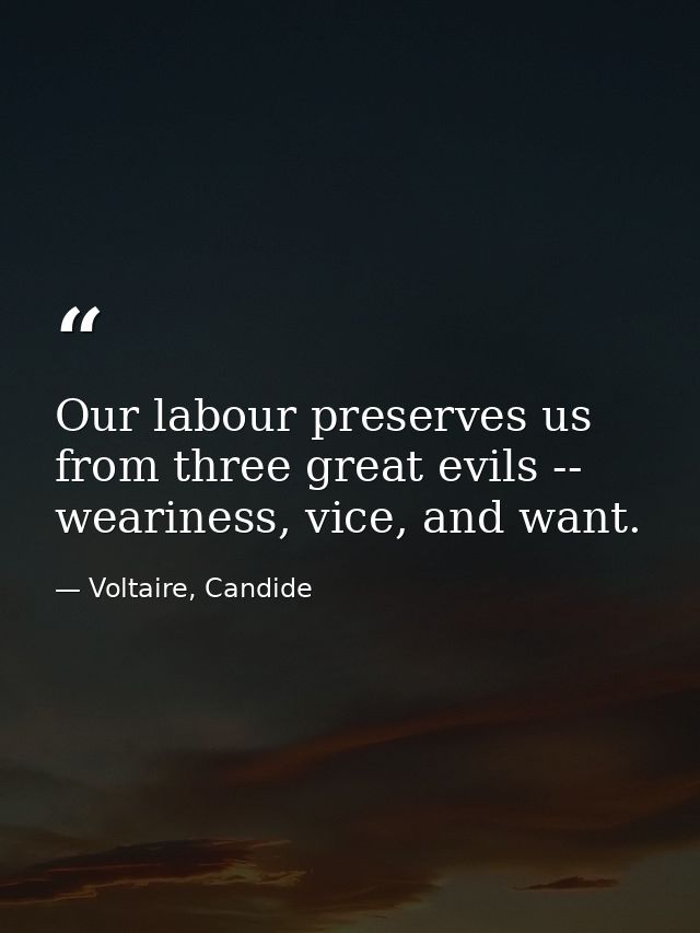Our labour preserves us from three great evils -- weariness, vice, and want. — Voltaire, Candide