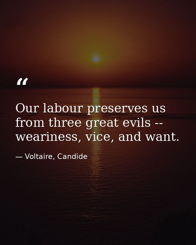 Our labour preserves us from three great evils -- weariness, vice, and want. — Voltaire, Candide