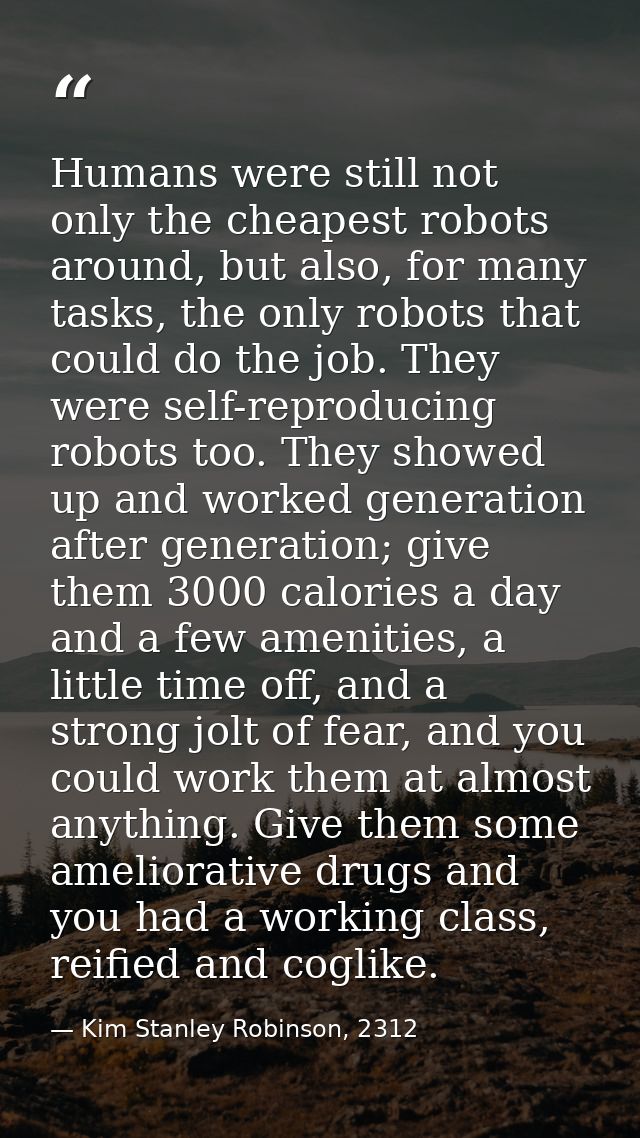 Humans were still not only the cheapest robots around, but also, for many tasks, the only robots that could do the job.  — Kim Stanley Robinson, 2312