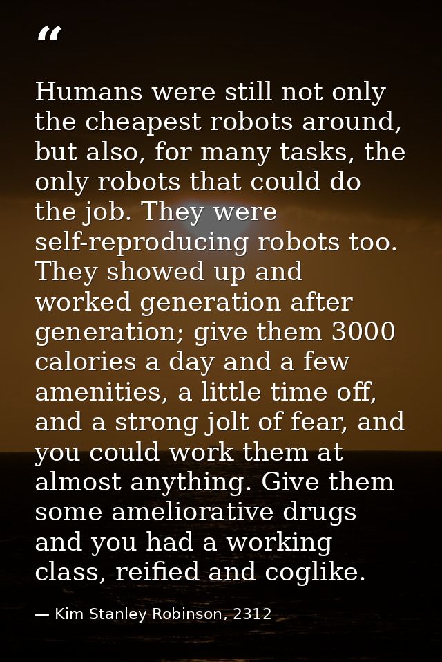 Humans were still not only the cheapest robots around, but also, for many tasks, the only robots that could do the job.  — Kim Stanley Robinson, 2312