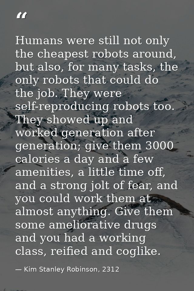 Humans were still not only the cheapest robots around, but also, for many tasks, the only robots that could do the job.  — Kim Stanley Robinson, 2312