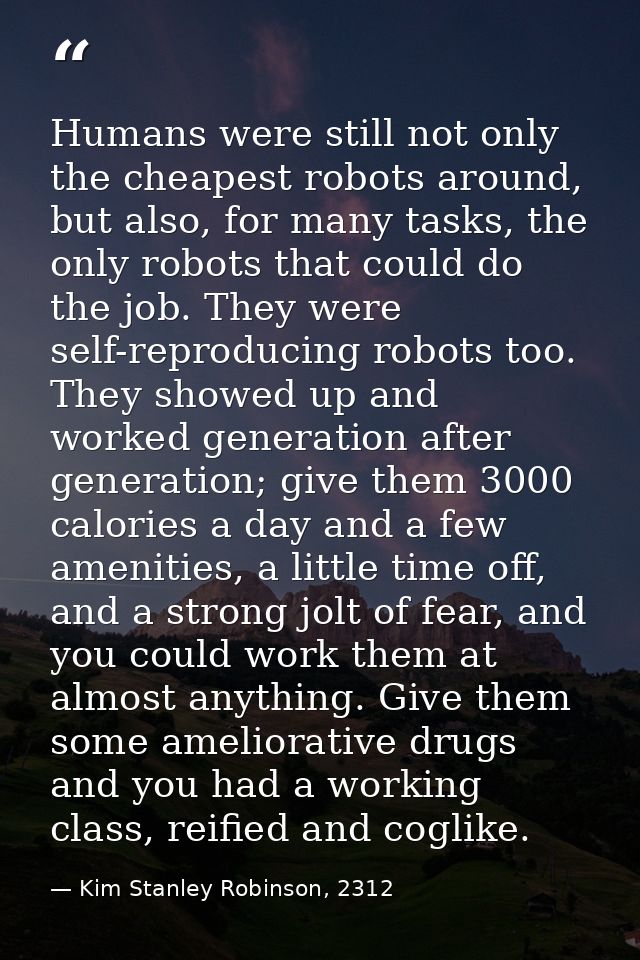 Humans were still not only the cheapest robots around, but also, for many tasks, the only robots that could do the job.  — Kim Stanley Robinson, 2312