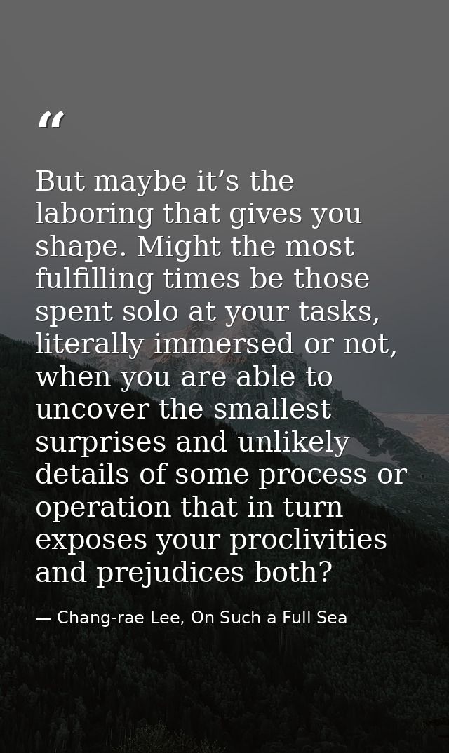 But maybe it’s the laboring that gives you shape. Might the most fulfilling times be those spent solo at your tasks, lit — Chang-rae Lee, On Such a Full Sea