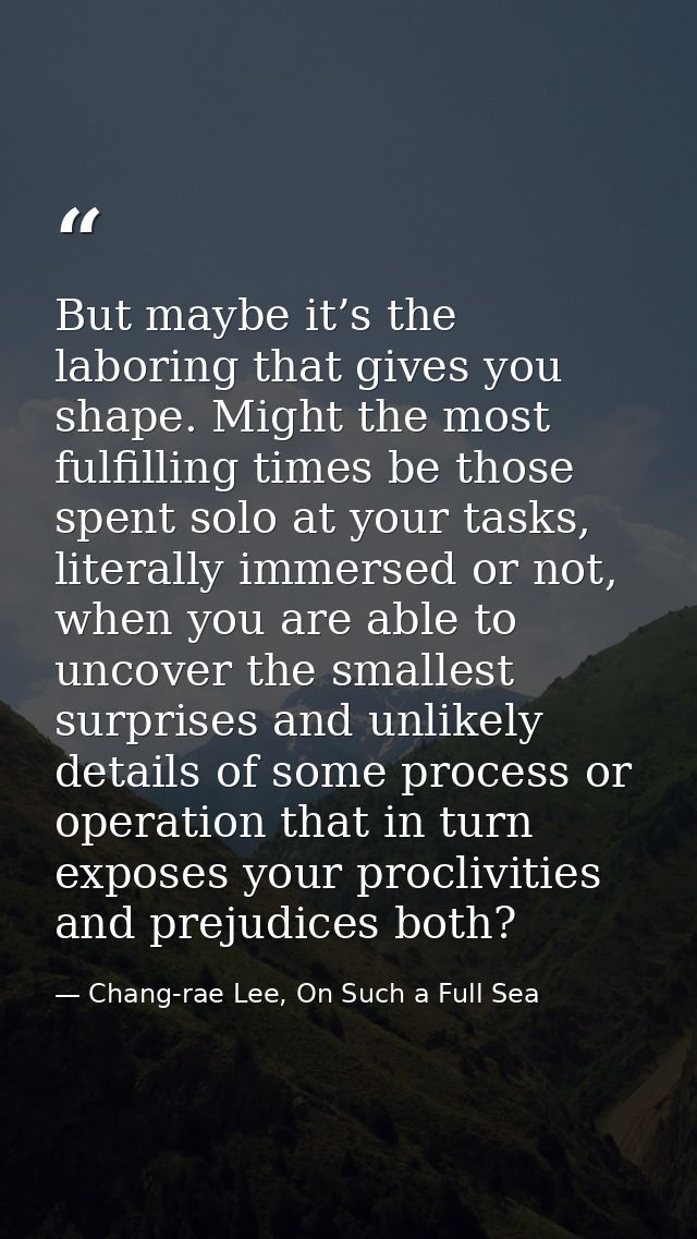 But maybe it’s the laboring that gives you shape. Might the most fulfilling times be those spent solo at your tasks, lit — Chang-rae Lee, On Such a Full Sea