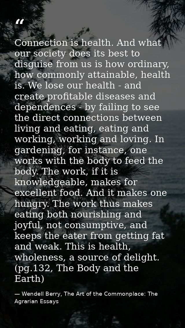 Connection is health. And what our society does its best to disguise from us is how ordinary, how commonly attainable, h — Wendell Berry, The Art of the Commonplace: The Agrarian Essays