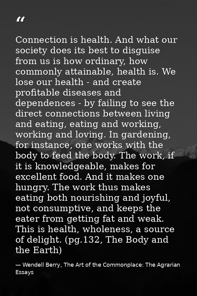 Connection is health. And what our society does its best to disguise from us is how ordinary, how commonly attainable, h — Wendell Berry, The Art of the Commonplace: The Agrarian Essays