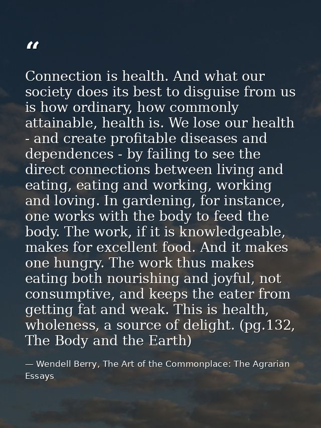Connection is health. And what our society does its best to disguise from us is how ordinary, how commonly attainable, h — Wendell Berry, The Art of the Commonplace: The Agrarian Essays