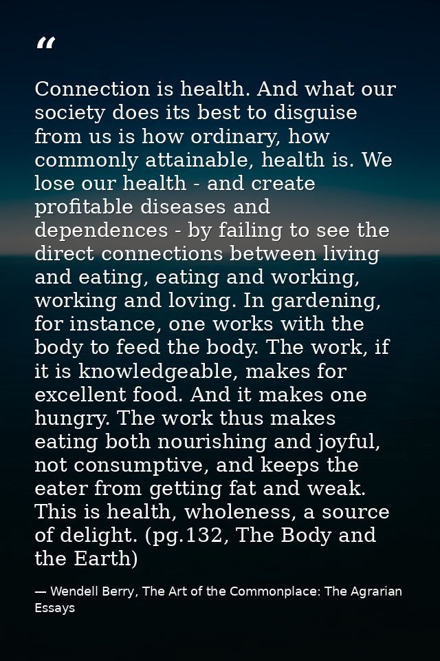 Connection is health. And what our society does its best to disguise from us is how ordinary, how commonly attainable, h — Wendell Berry, The Art of the Commonplace: The Agrarian Essays