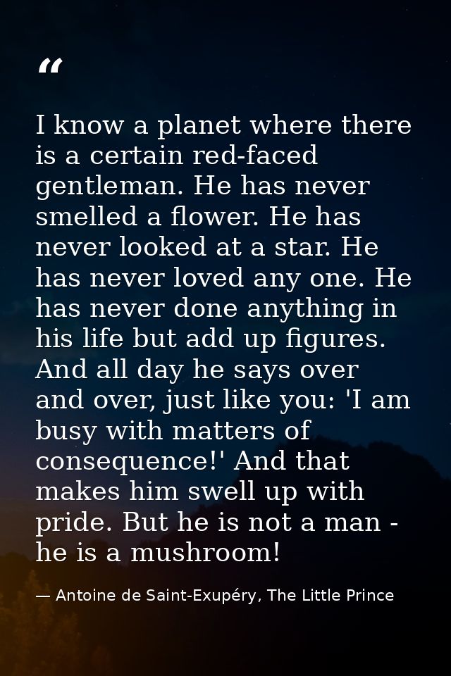 I know a planet where there is a certain red-faced gentleman. He has never smelled a flower. He has never looked at a st — Antoine de Saint-Exupéry, The Little Prince