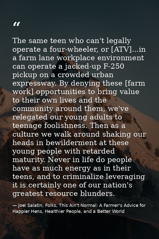The same teen who can't legally operate a four-wheeler, or [ATV]...in a farm lane workplace environment can operate a ja — Joel Salatin, Folks, This Ain't Normal: A Farmer's Advice for Happier Hens, Healthier People, and a Better World
