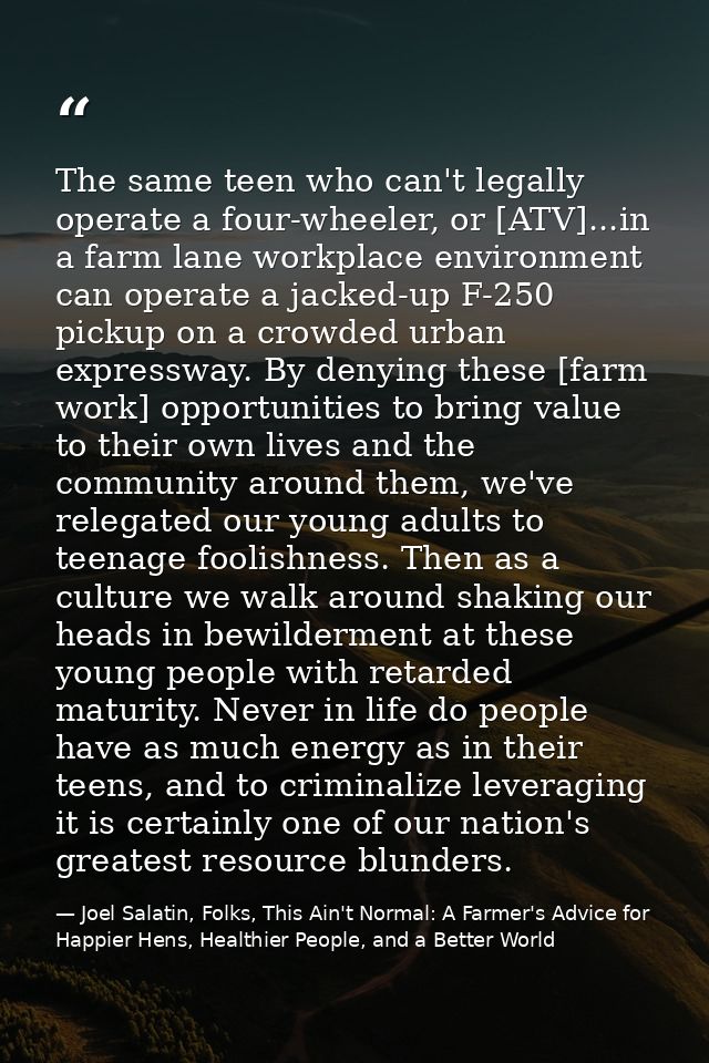 The same teen who can't legally operate a four-wheeler, or [ATV]...in a farm lane workplace environment can operate a ja — Joel Salatin, Folks, This Ain't Normal: A Farmer's Advice for Happier Hens, Healthier People, and a Better World