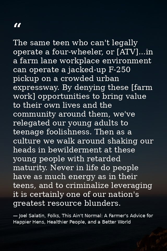 The same teen who can't legally operate a four-wheeler, or [ATV]...in a farm lane workplace environment can operate a ja — Joel Salatin, Folks, This Ain't Normal: A Farmer's Advice for Happier Hens, Healthier People, and a Better World