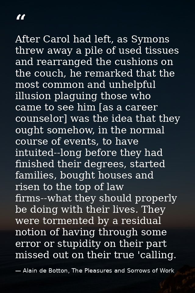 After Carol had left, as Symons threw away a pile of used tissues and rearranged the cushions on the couch, he remarked  — Alain de Botton, The Pleasures and Sorrows of Work