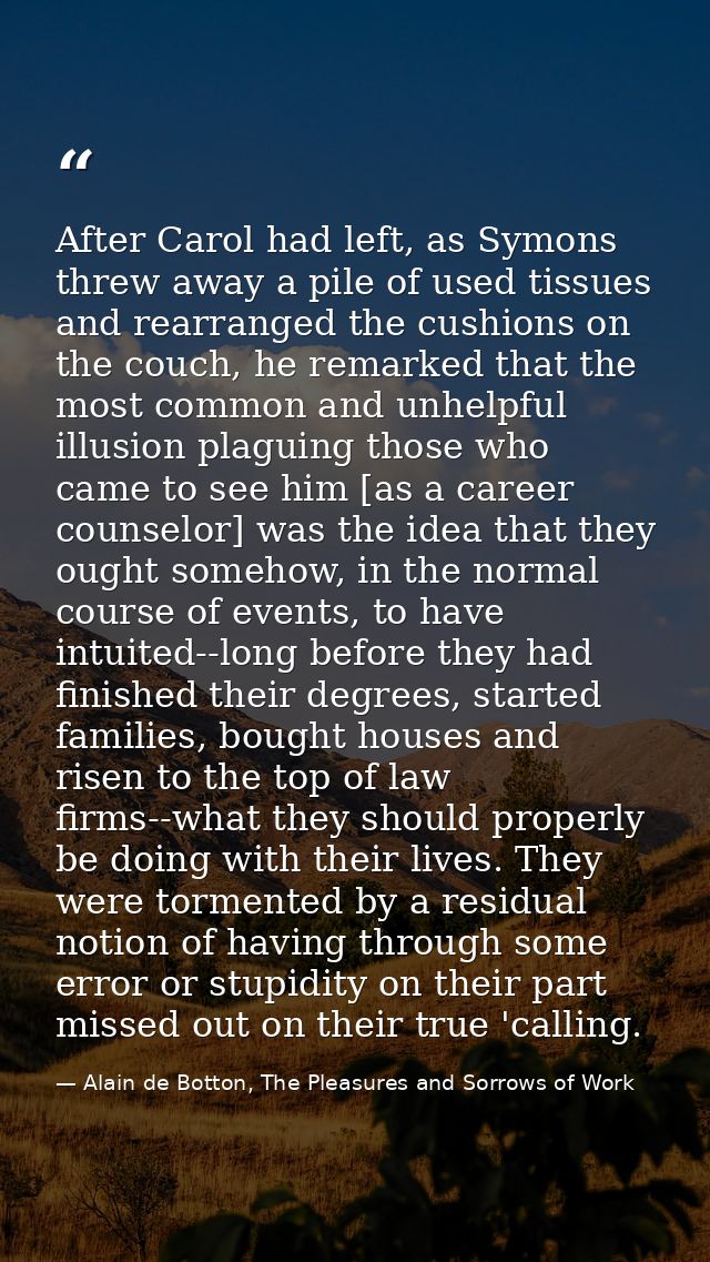 After Carol had left, as Symons threw away a pile of used tissues and rearranged the cushions on the couch, he remarked  — Alain de Botton, The Pleasures and Sorrows of Work