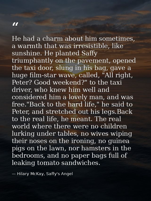He had a charm about him sometimes, a warmth that was irresistible, like sunshine. He planted Saffy triumphantly on the  — Hilary McKay, Saffy's Angel