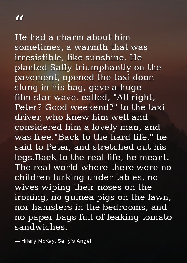 He had a charm about him sometimes, a warmth that was irresistible, like sunshine. He planted Saffy triumphantly on the  — Hilary McKay, Saffy's Angel