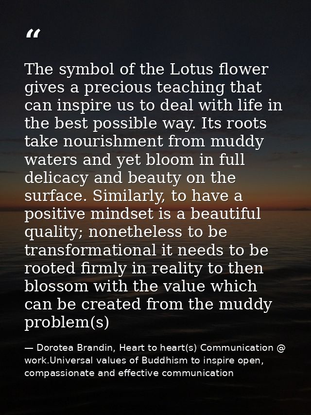 The symbol of the Lotus flower gives a precious teaching that can inspire us to deal with life in the best possible way. — Dorotea Brandin, Heart to heart(s) Communication @ work.Universal values of Buddhism to inspire open, compassionate and effective communication
